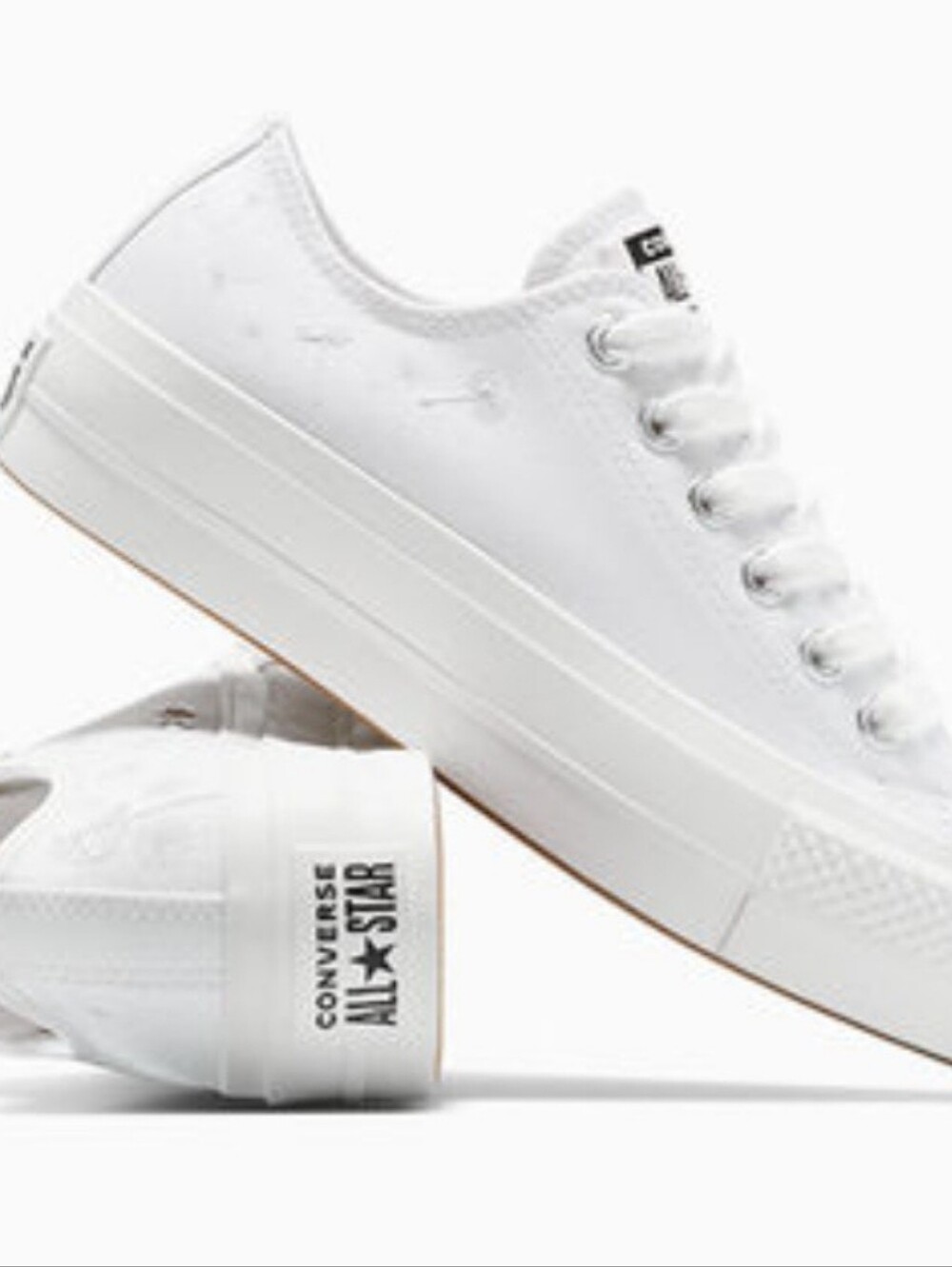 NWOB!Converse White Low-Top Platform Sneakers with Silver Floral Accents. Size 8